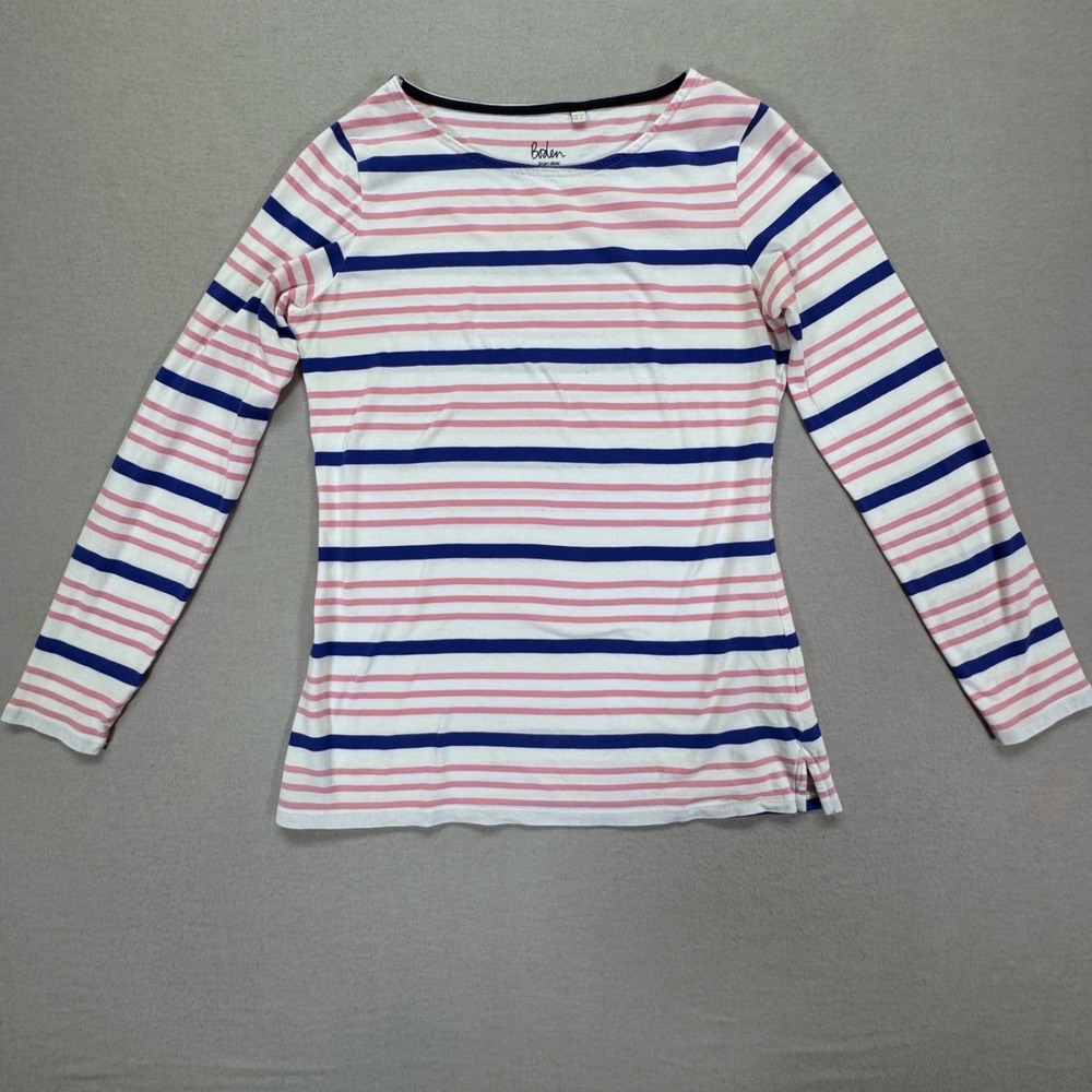 Boden Womens Long‎ Sleeve Striped Cotton Tee Pink Navy Blue White US 8